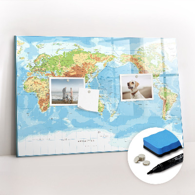 Beschrijfbaar magneetbord van glas met design Fysieke kaart van de wereld