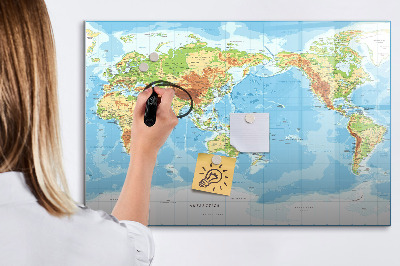 Beschrijfbaar magneetbord van glas met design Fysieke kaart van de wereld