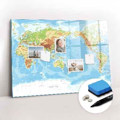 Beschrijfbaar magneetbord van glas met design Fysieke kaart van de wereld