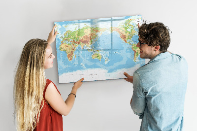 Beschrijfbaar magneetbord van glas met design Fysieke kaart van de wereld