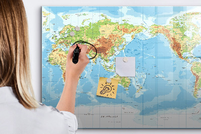 Beschrijfbaar magneetbord van glas met design Fysieke kaart van de wereld