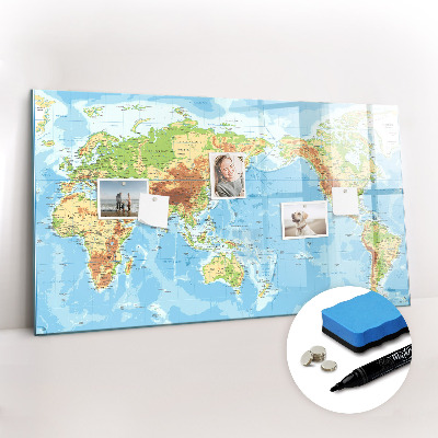 Beschrijfbaar magneetbord van glas met design Fysieke kaart van de wereld