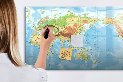 Beschrijfbaar magneetbord van glas met design Fysieke kaart van de wereld