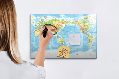 Beschrijfbaar magneetbord van glas met design Fysieke kaart van de wereld