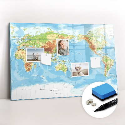 Beschrijfbaar magneetbord van glas met design Fysieke kaart van de wereld