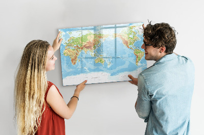 Beschrijfbaar magneetbord van glas met design Fysieke kaart van de wereld