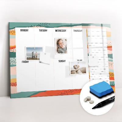 Magnetisch planbord voor de muur van bedrukt glas Retro weekplanner