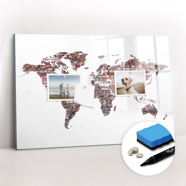 Magnetisch planbord voor de muur van bedrukt glas Bakstenen wereldkaart
