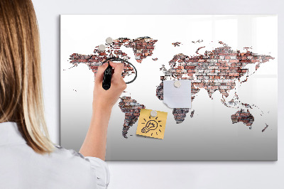 Magnetisch planbord voor de muur van bedrukt glas Bakstenen wereldkaart