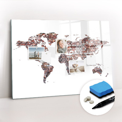 Magnetisch planbord voor de muur van bedrukt glas Bakstenen wereldkaart