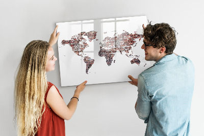 Magnetisch planbord voor de muur van bedrukt glas Bakstenen wereldkaart
