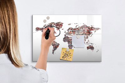 Magnetisch planbord voor de muur van bedrukt glas Bakstenen wereldkaart