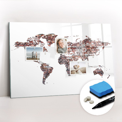 Magnetisch planbord voor de muur van bedrukt glas Bakstenen wereldkaart