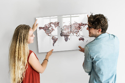 Magnetisch planbord voor de muur van bedrukt glas Bakstenen wereldkaart
