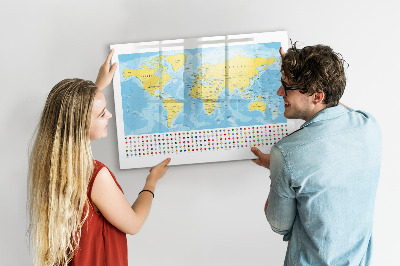 Uitwisbaar glazen planbord met magnetische functie Wereldkaart en vlaggen