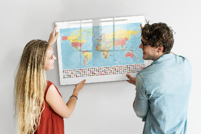 Magnetisch planbord voor de muur van bedrukt glas Geografische kaart van de wereld