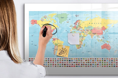 Magnetisch planbord voor de muur van bedrukt glas Geografische kaart van de wereld
