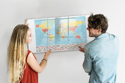 Magnetisch planbord voor de muur van bedrukt glas Geografische kaart van de wereld