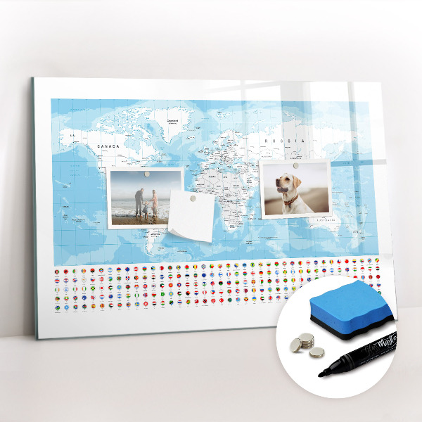 Beschrijfbaar magneetbord van glas met design Illustratie van een kaart van de continenten