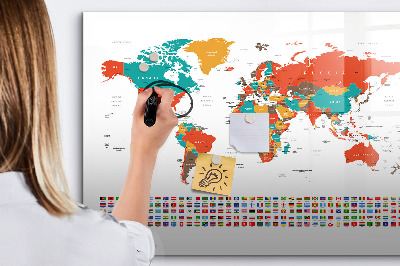 Magnetisch planbord voor de muur van bedrukt glas Kleurrijke wereldkaart