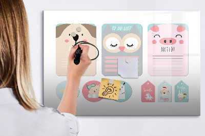 Beschrijfbaar magneetbord van glas met design Blije dieren