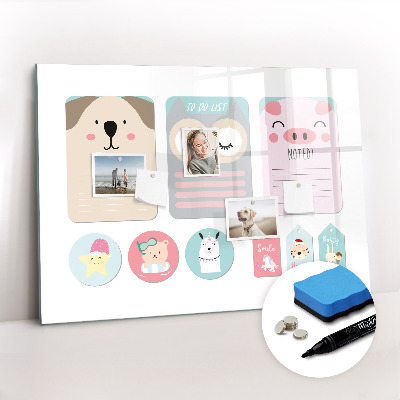 Beschrijfbaar magneetbord van glas met design Blije dieren