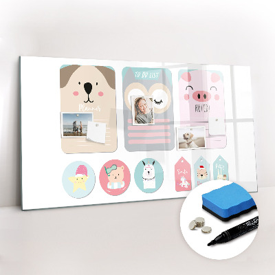 Beschrijfbaar magneetbord van glas met design Blije dieren