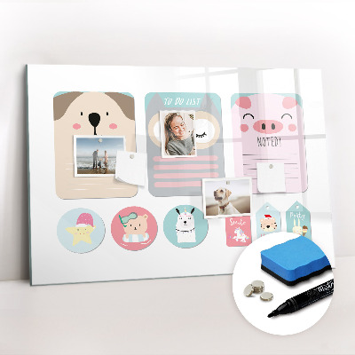 Beschrijfbaar magneetbord van glas met design Blije dieren