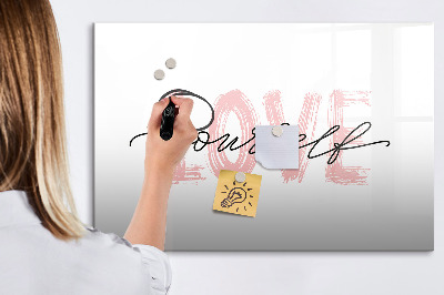 Uitwisbaar glazen planbord met magnetische functie Het opschrift 'heb jezelf lief'