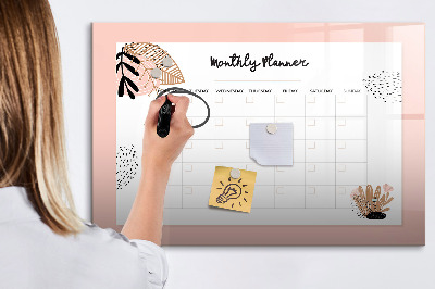 Magnetisch planbord voor de muur van bedrukt glas Maandplanner met bloemen