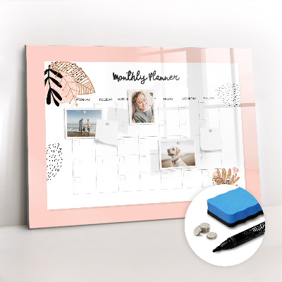 Magnetisch planbord voor de muur van bedrukt glas Maandplanner met bloemen