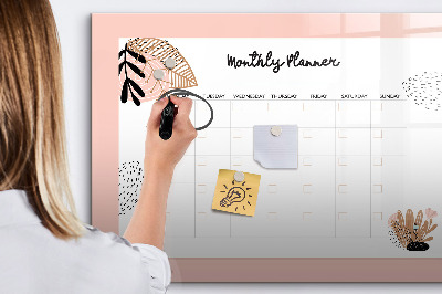 Magnetisch planbord voor de muur van bedrukt glas Maandplanner met bloemen