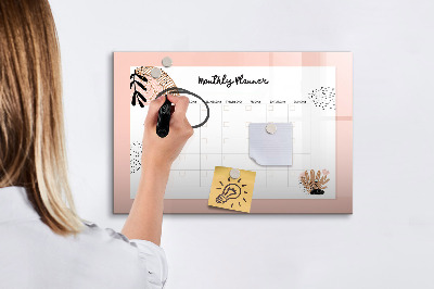 Magnetisch planbord voor de muur van bedrukt glas Maandplanner met bloemen