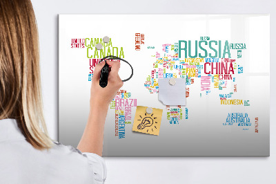 Magnetisch planbord voor de muur van bedrukt glas Kaart met landnamen