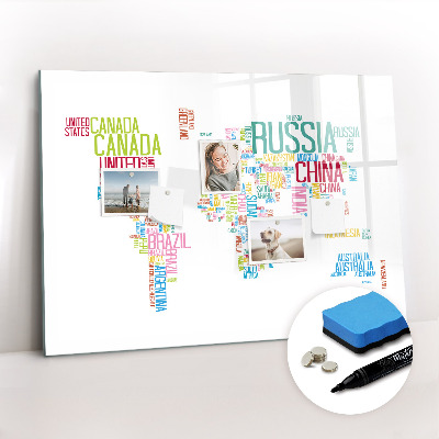 Magnetisch planbord voor de muur van bedrukt glas Kaart met landnamen