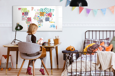 Magnetisch planbord voor de muur van bedrukt glas Kaart met landnamen
