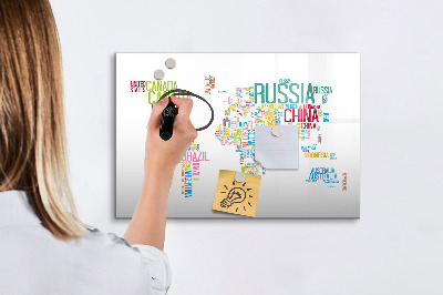 Magnetisch planbord voor de muur van bedrukt glas Kaart met landnamen