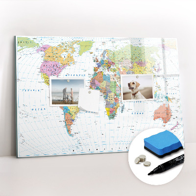Beschrijfbaar magneetbord van glas met design Politieke wereldkaart