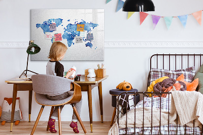Beschrijfbaar magneetbord van glas met design Aquarel wereldkaart
