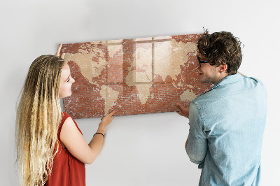 Beschrijfbaar magneetbord van glas met design Wereldkaart op baksteen
