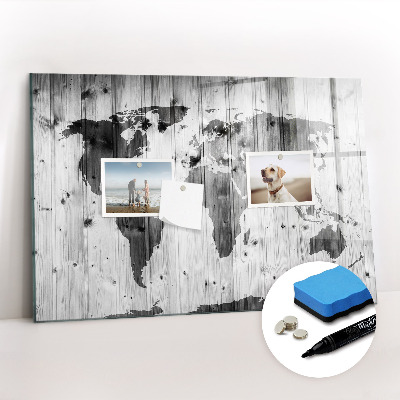 Beschrijfbaar magneetbord van glas met design Wereldkaart op hout
