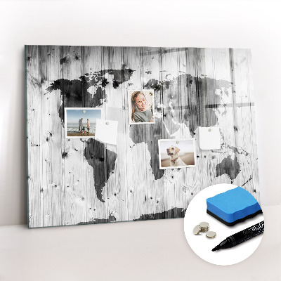 Beschrijfbaar magneetbord van glas met design Wereldkaart op hout