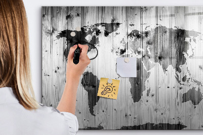 Beschrijfbaar magneetbord van glas met design Wereldkaart op hout
