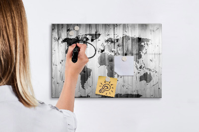 Beschrijfbaar magneetbord van glas met design Wereldkaart op hout