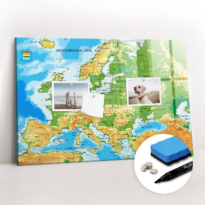 Beschrijfbaar magneetbord van glas met design Geografische kaart van de wereld