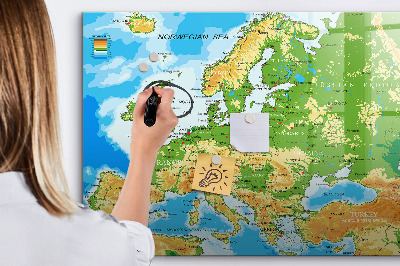 Beschrijfbaar magneetbord van glas met design Geografische kaart van de wereld