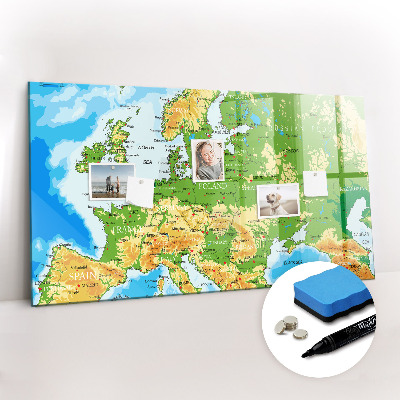 Beschrijfbaar magneetbord van glas met design Geografische kaart van de wereld