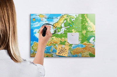 Beschrijfbaar magneetbord van glas met design Geografische kaart van de wereld