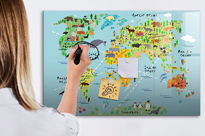 Beschrijfbaar magneetbord van glas met design Wereldkaart met dieren
