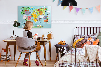Beschrijfbaar magneetbord van glas met design Wereldkaart met dieren